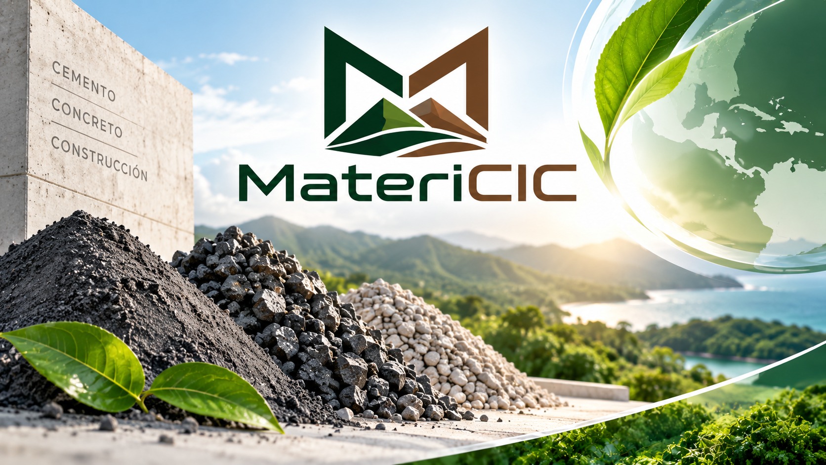 Agregados y materiales para cemento, concreto y construcción, junto a hojas verdes y un paisaje costero del Caribe.